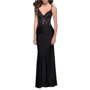 La Femme Black Shiny Lace Gown Size 14